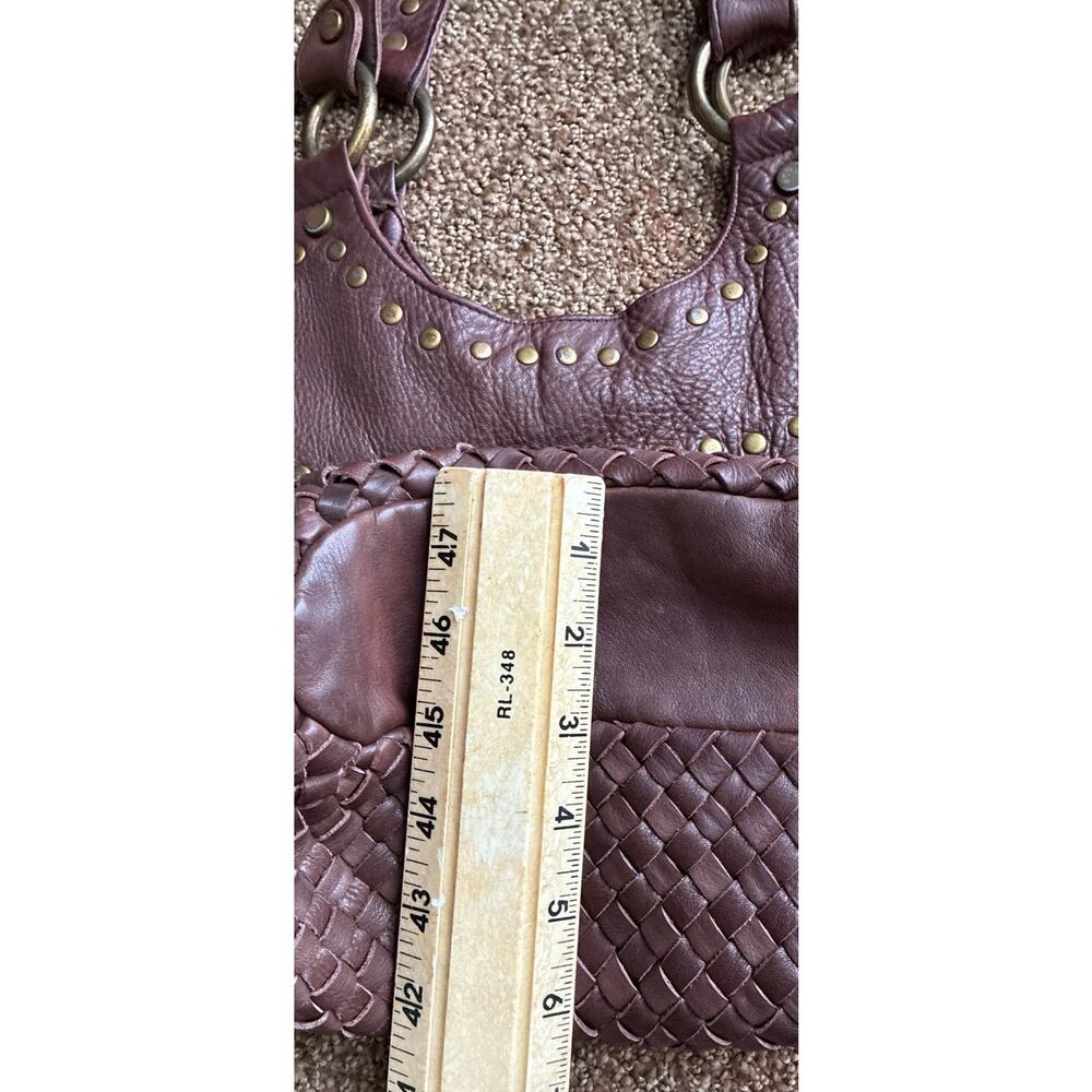 Vintage Brown Leather Basketweave Slouchy Studded Hobo Peasant Chic Dble Strap - Picture 7 of 7